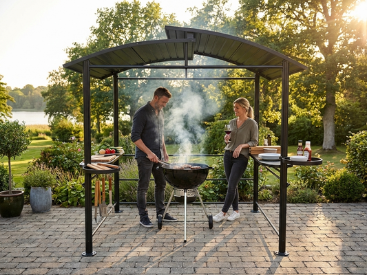 Black barbecue pavilion with galvanised steel roof for outdoor use