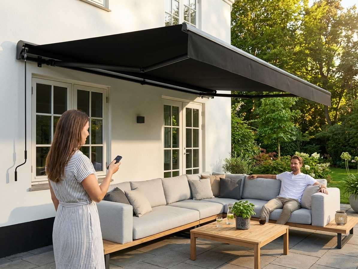 Black awning with remote control for outdoor use