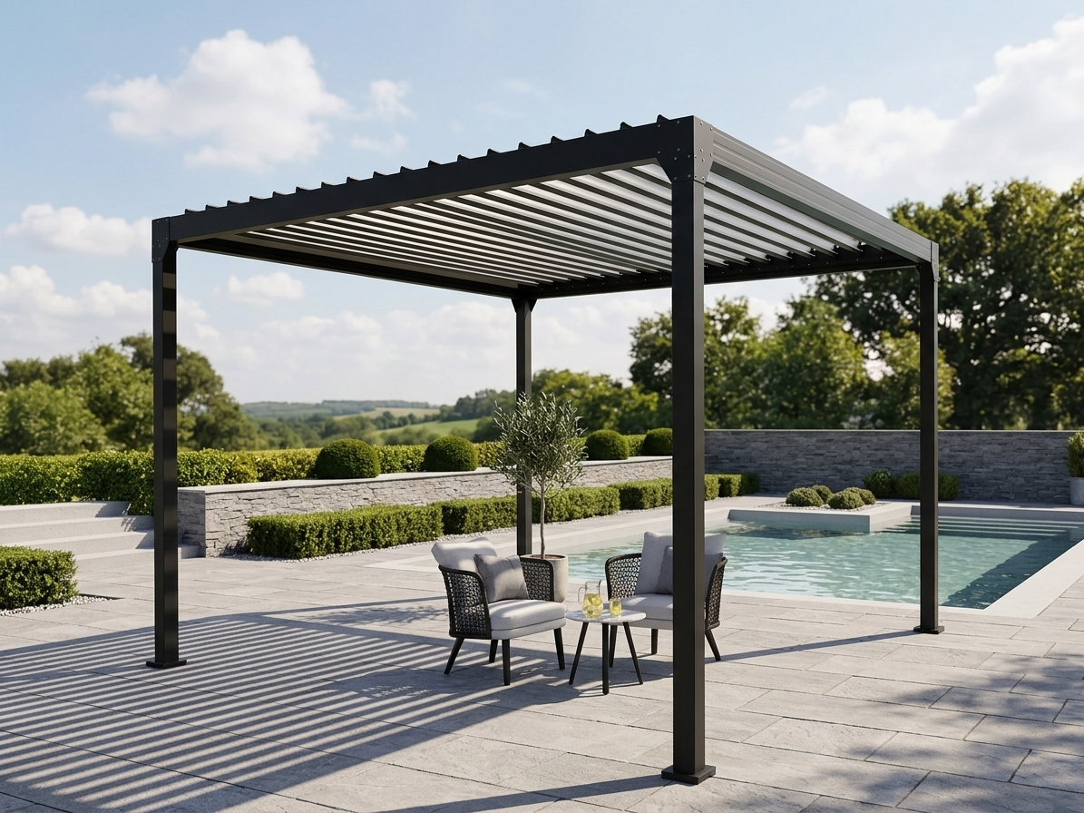 Bioclimatic pergola gazebo in black with galvanised steel roof