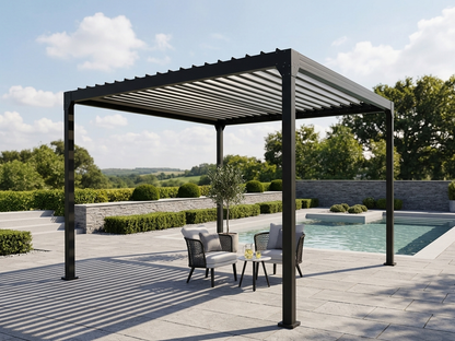 Bioclimatic pergola gazebo in black with galvanised steel roof