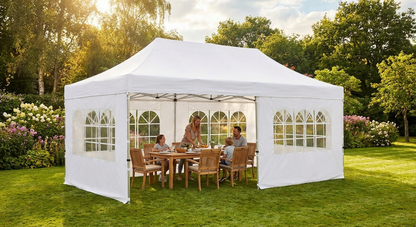 White pop up gazebo with steel frame, outdoor event shelter