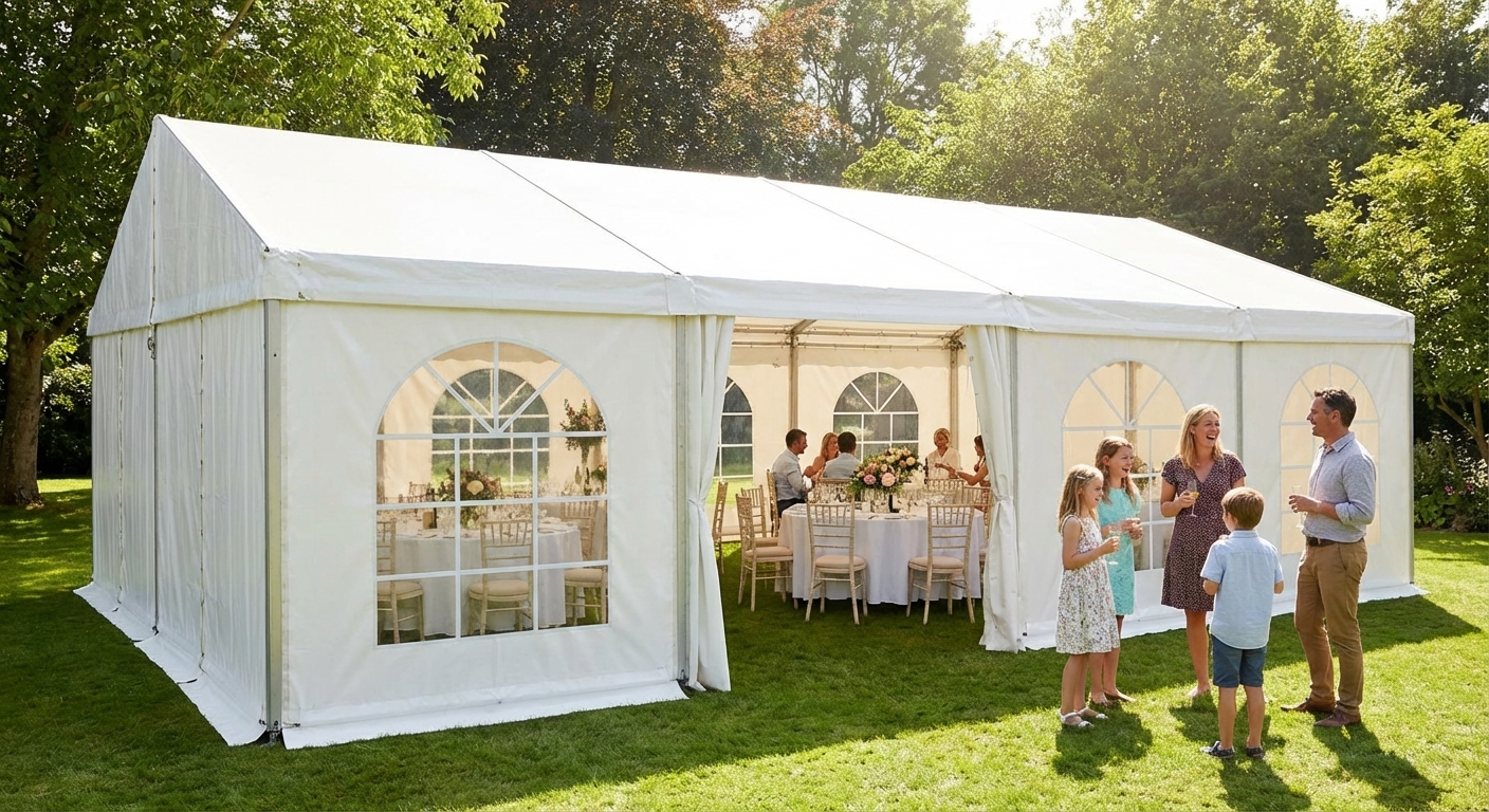 White PVC event marquee with galvanised steel frame for outdoor gatherings - product detail