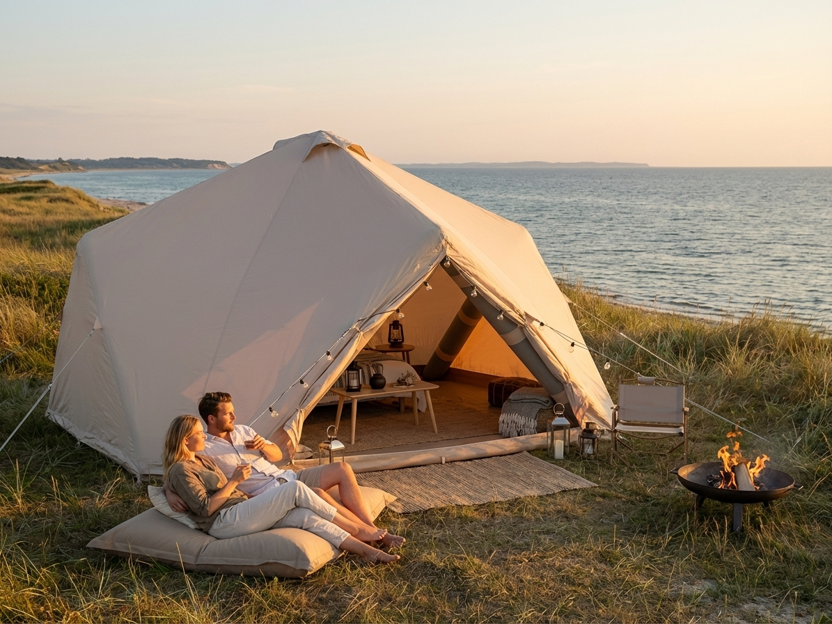 Inflatable glamping tent in sand colour, ideal for outdoor camping - view 3