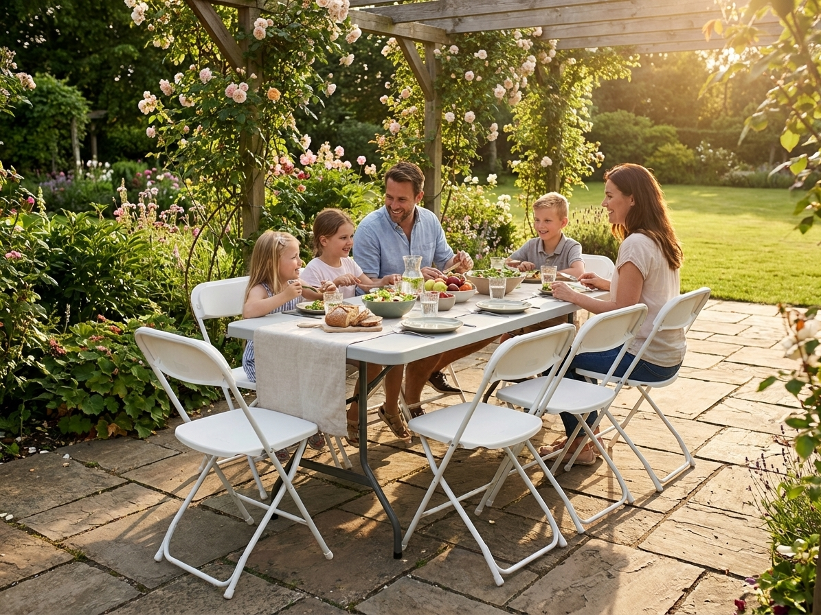 Folding table and chairs set with steel frame, light grey and white