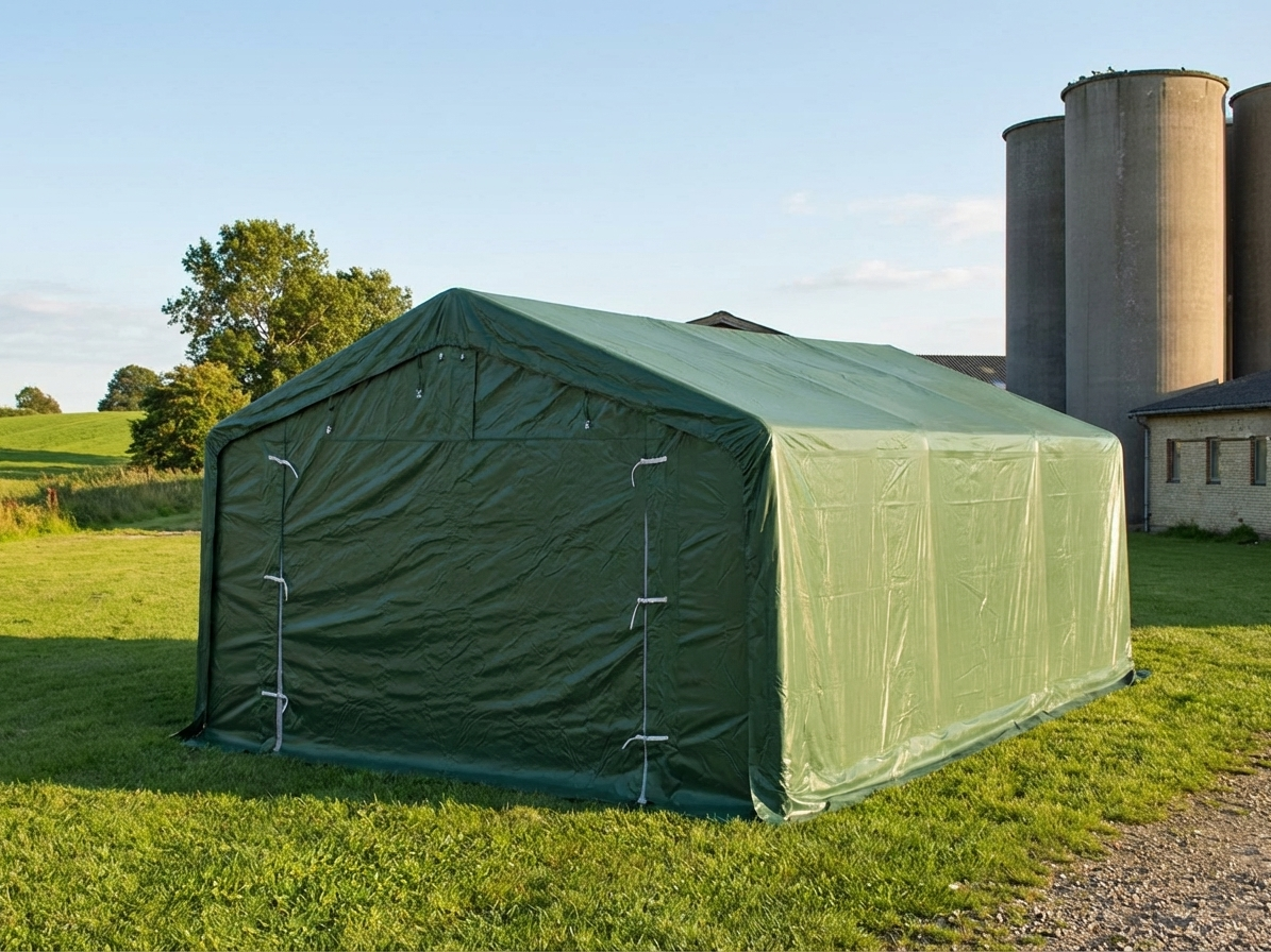 Green PVC storage shelter with galvanised steel frame
