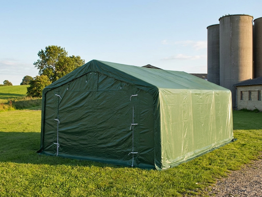 Green PVC storage shelter with galvanised steel frame