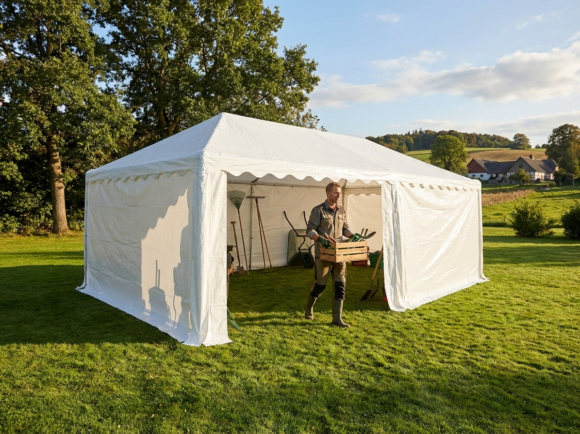 White storage tent 6x12m with polyethylene and steel frame