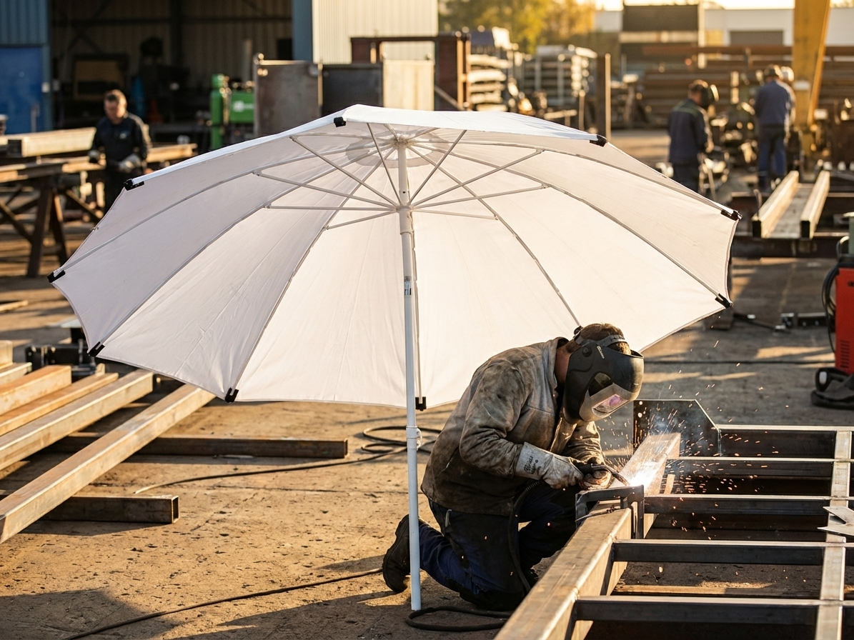 Welding umbrella with PVC and zinc frame for outdoor use