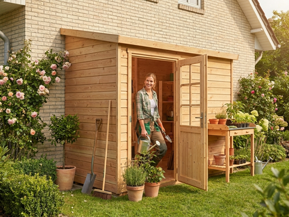 Wooden lean-to shed made of Nordic Spruce in natural color