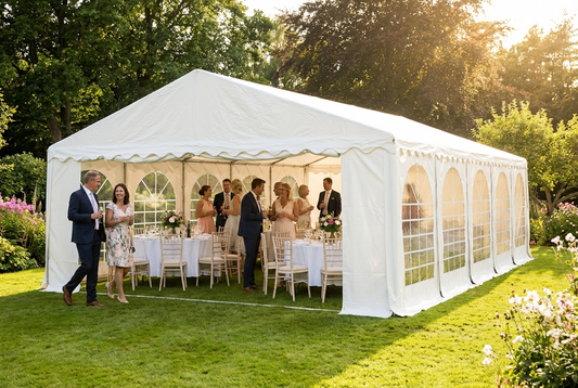 White PVC marquee with galvanised steel frame for event use - product detail
