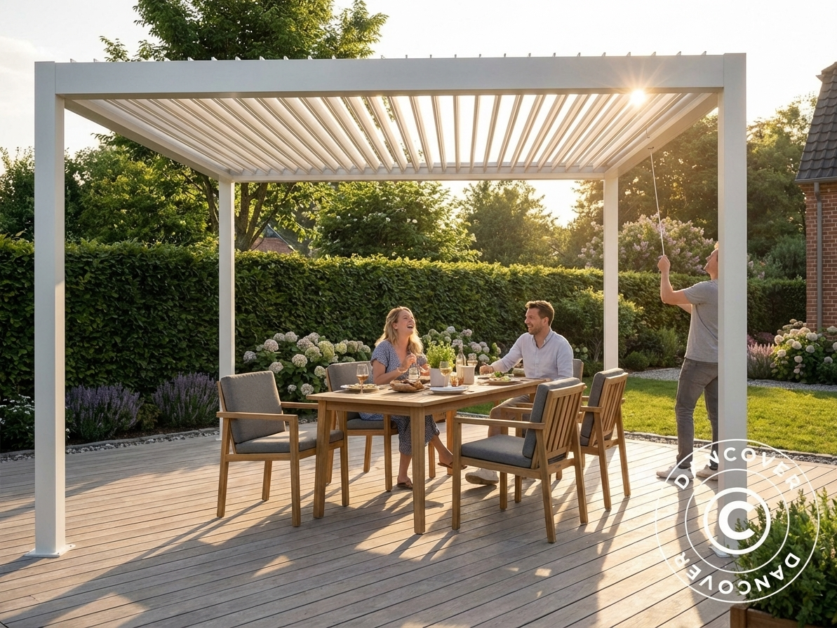 Bioclimatic Pergola Gazebo in White, 3x5.8 m Size, Steel Construction