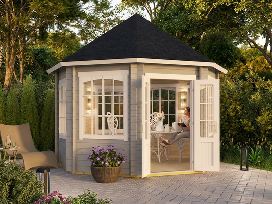 Wooden Gazebo with Octagonal Design in Light Grey for Gardens