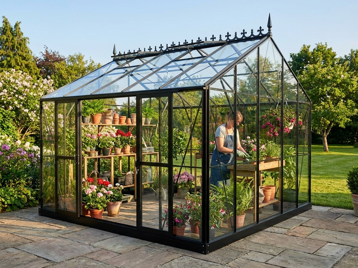 Glass greenhouse with black aluminium frame for outdoor use