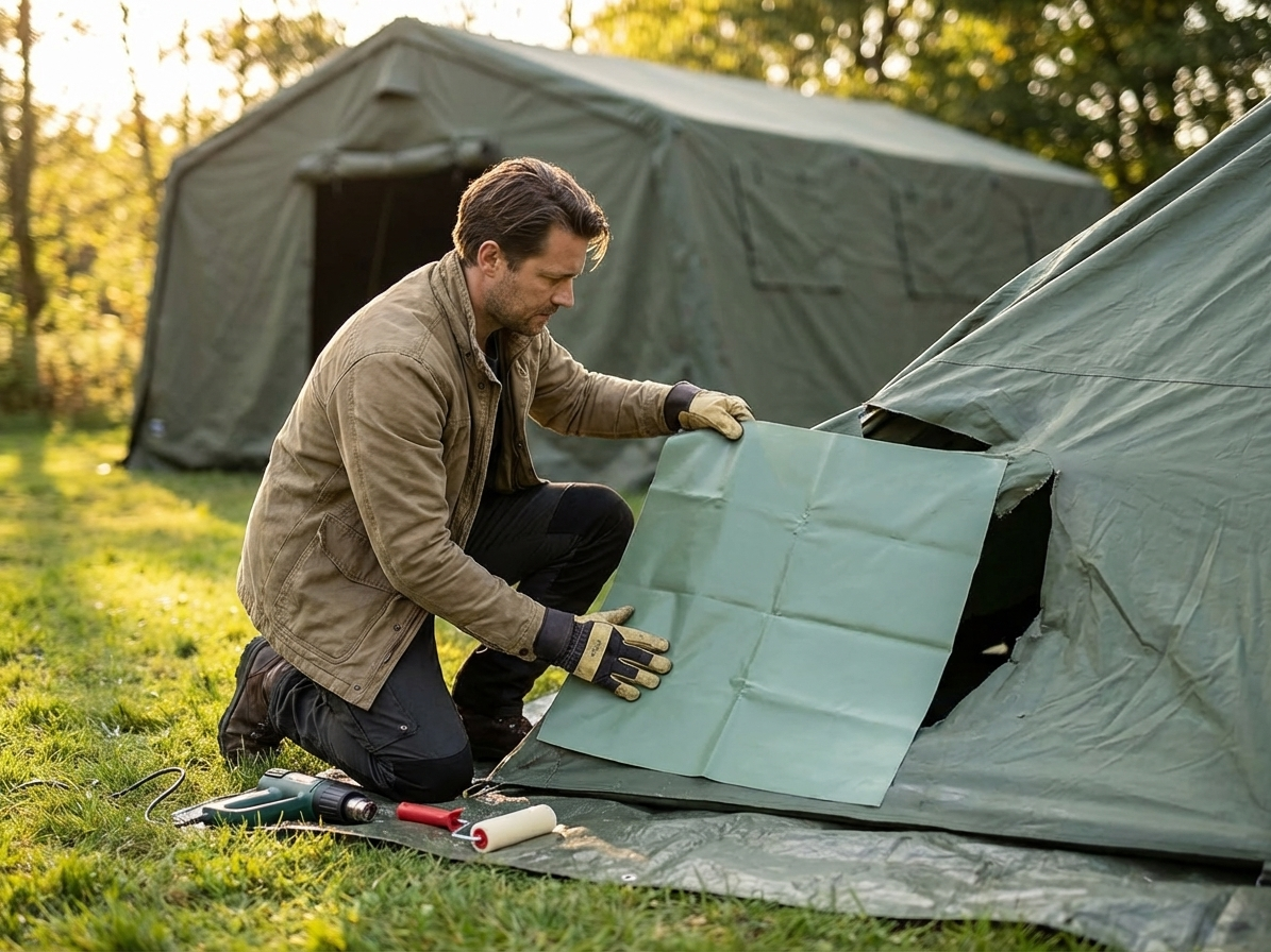 Green PVC repair fabric for storage tent