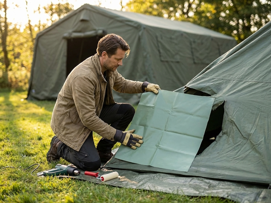 Green PVC repair fabric for storage tent