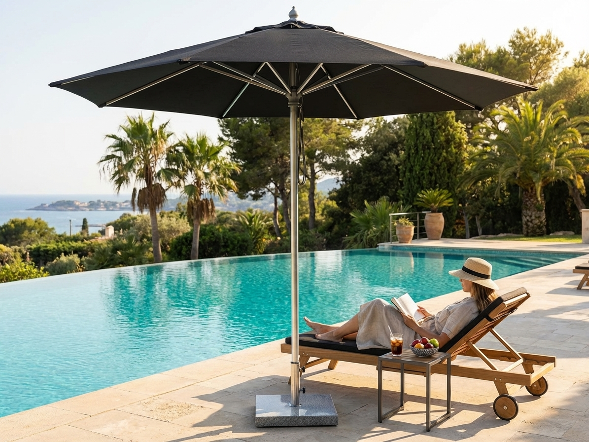 Black garden parasol with aluminium frame and UV-resistance