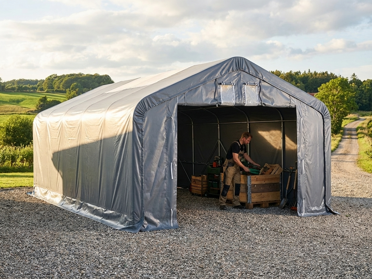 Grey storage shelter 7x7x3.8 m made of PVC and steel - view 3