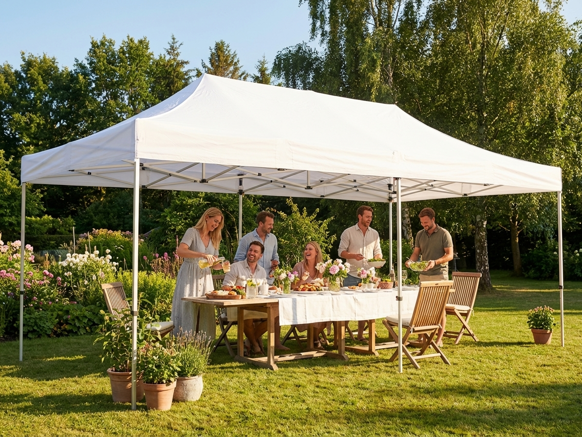 White pop-up gazebo 4x8m, flame-retardant polyester for outdoor events - product detail