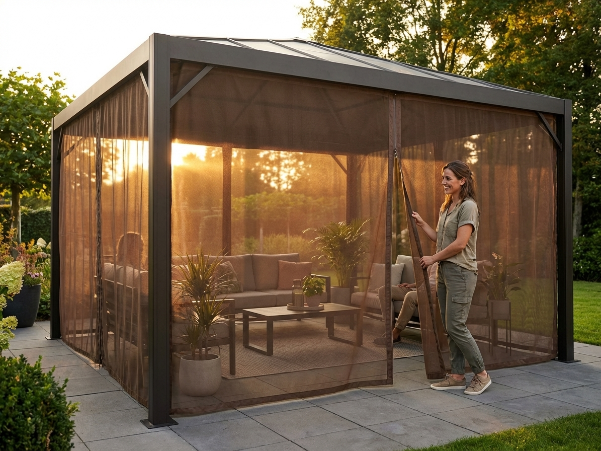 Brown mesh gazebo curtain 4x4m for outdoor use