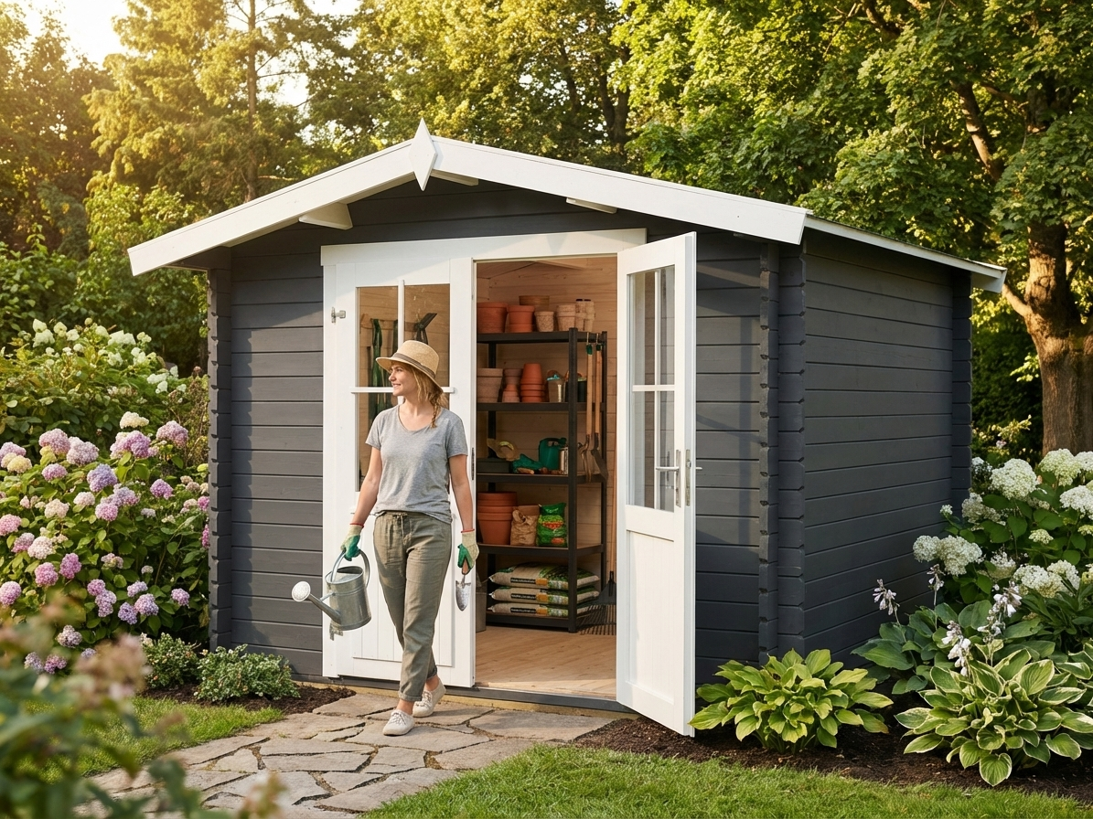 Dark grey wooden shed with double doors for garden storage - view 3
