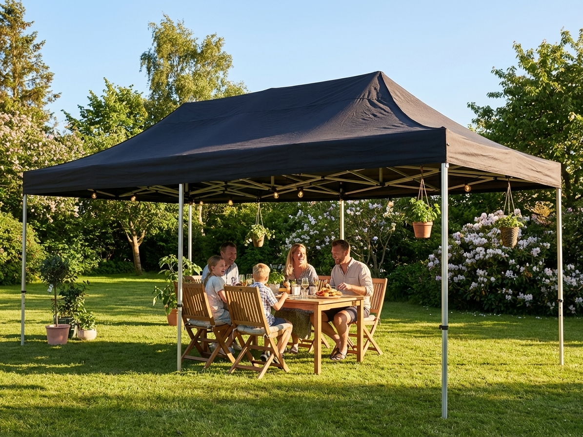 Black pop-up gazebo with steel frame and waterproof roof