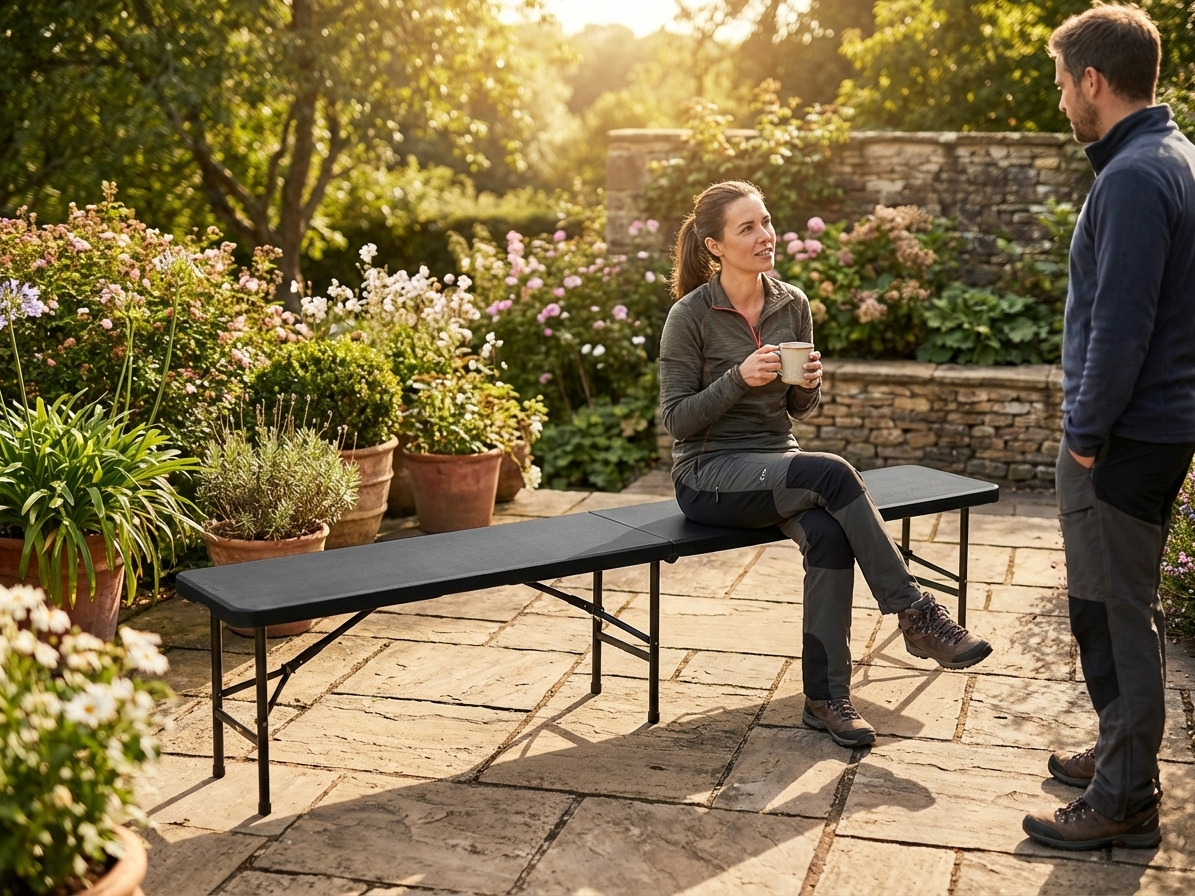 Folding bench in black color made from HDPE and steel, size 183x30x43 cm - product detail