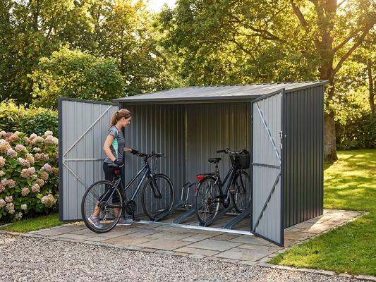 Anthracite steel bike shed for outdoor storage