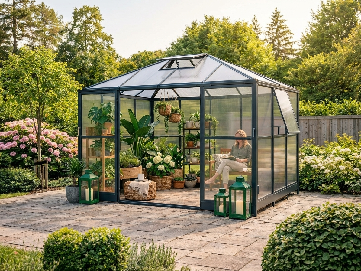 Black polycarbonate orangery with aluminium frame for domestic use - product detail