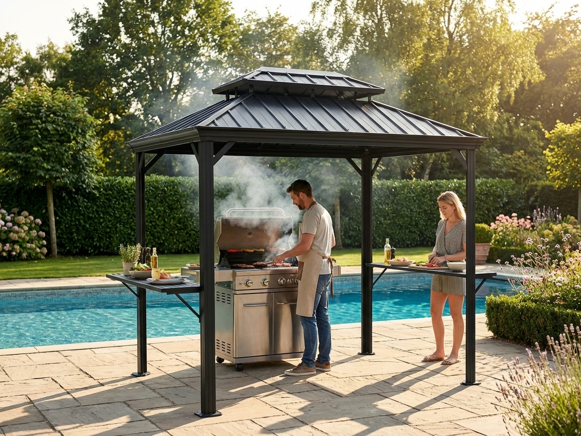 Black BBQ gazebo with aluminium and steel frame for outdoor use