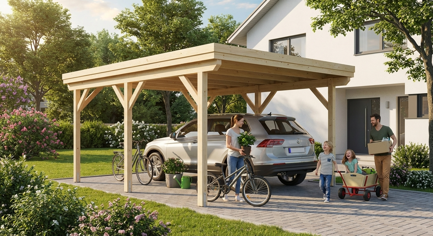 Wooden carport made from Nordic Spruce in natural colour
