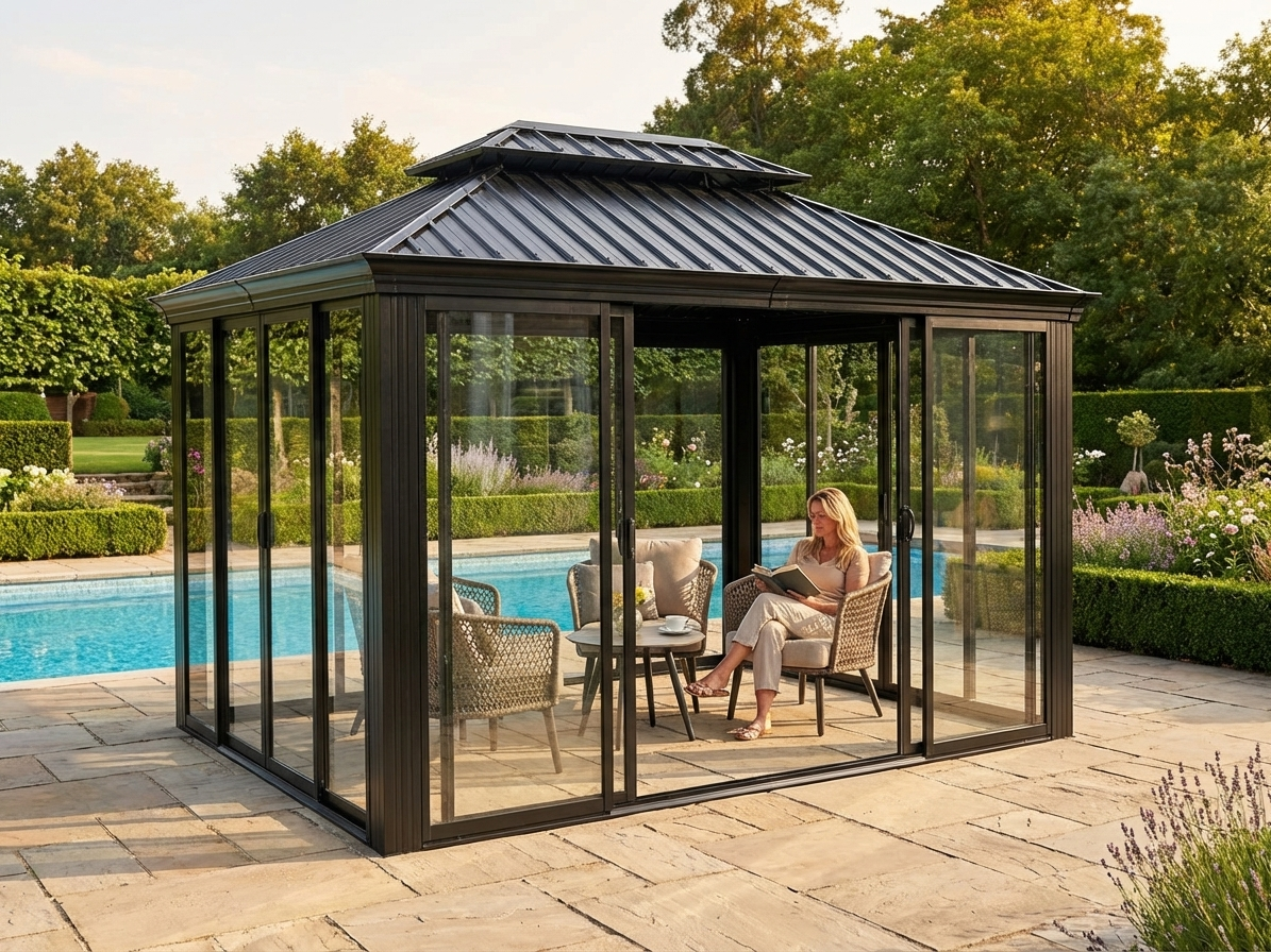 Black aluminium gazebo with galvanised steel roof - product detail