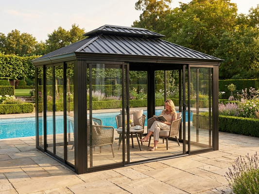 Black aluminium gazebo with galvanised steel roof - product detail