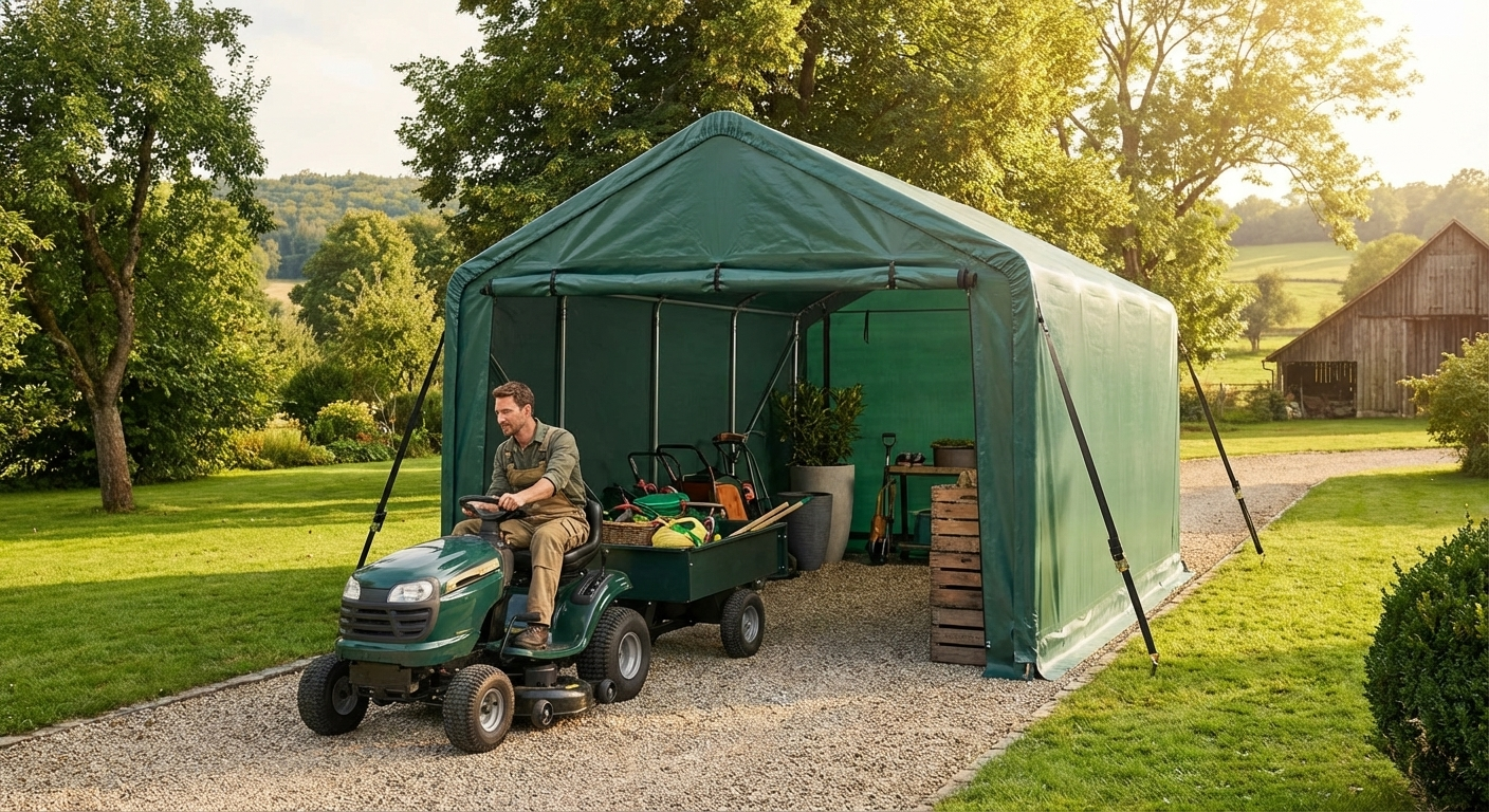 Green PVC storage shelter with galvanised steel frame - product detail