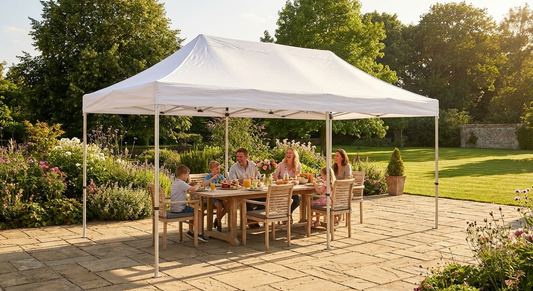 Silver pop-up gazebo with steel frame for outdoor use