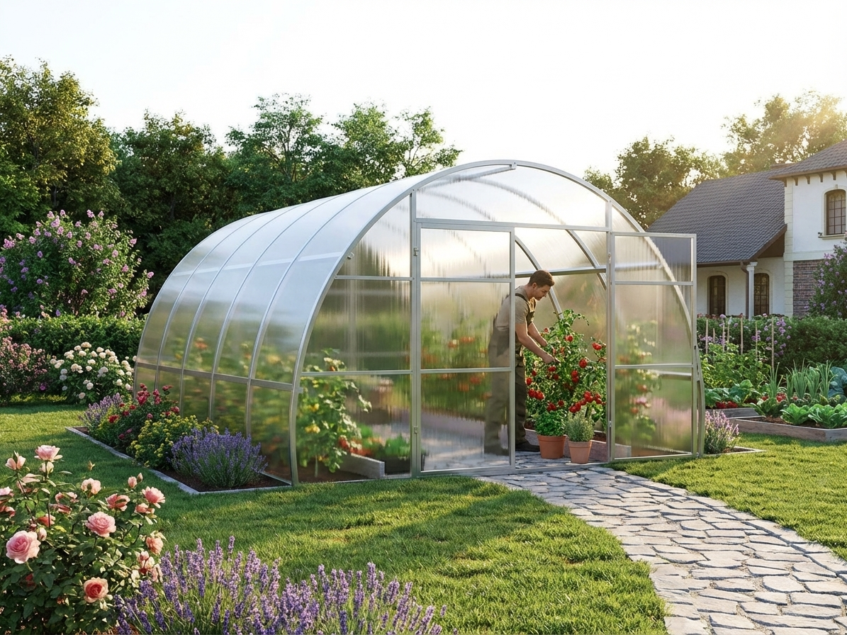 Silver polycarbonate greenhouse with galvanised steel frame