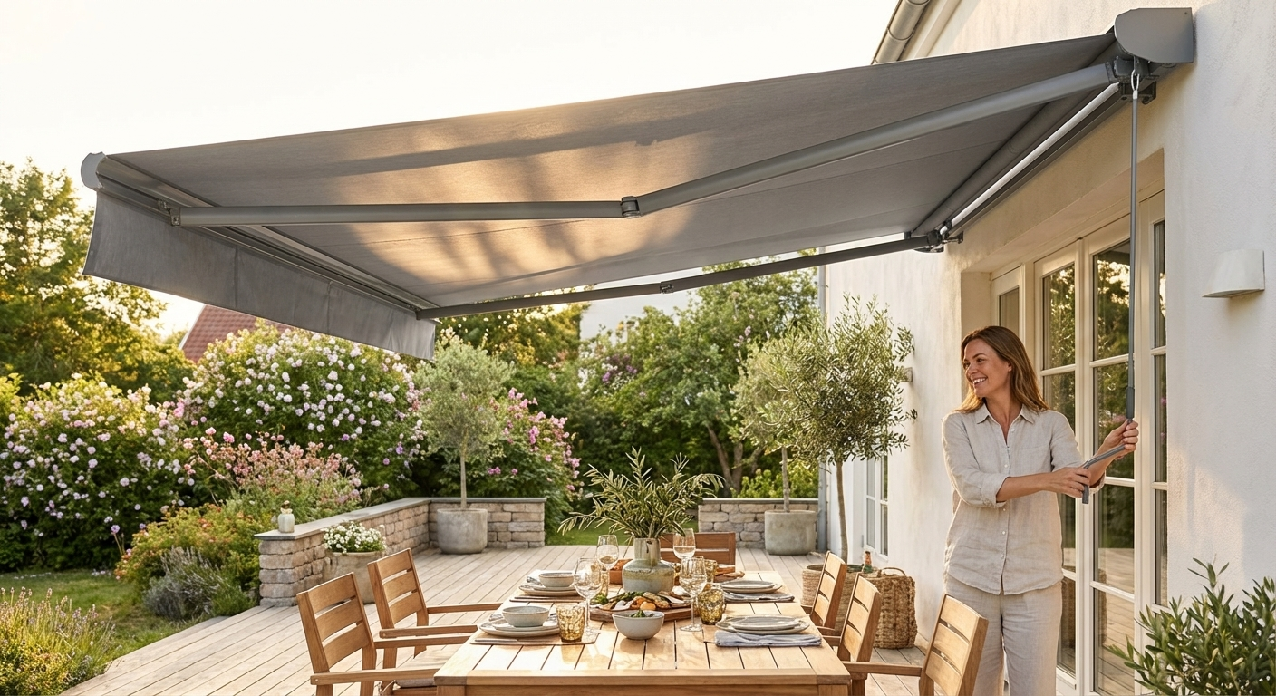 Grey awning with aluminium frame and crank handle