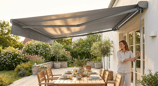 Grey awning with aluminium frame and crank handle