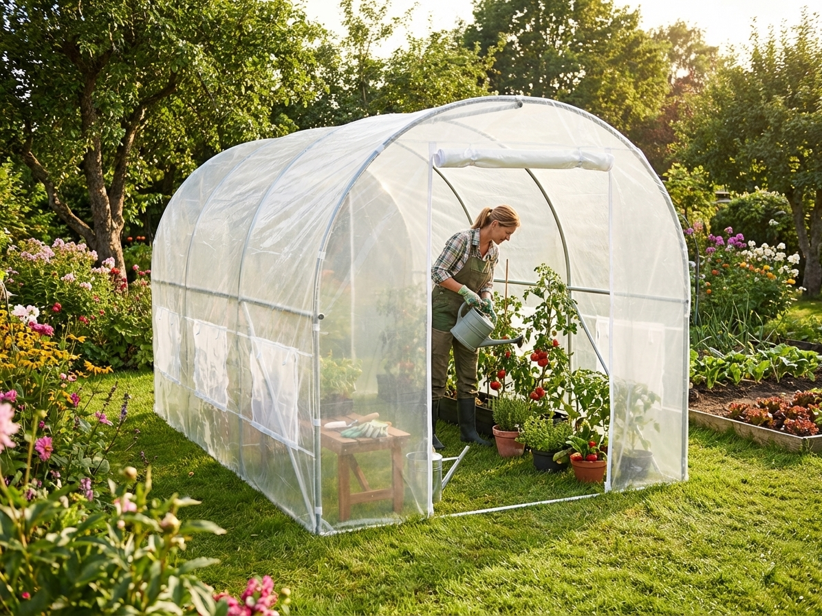 Transparent polytunnel greenhouse with galvanised steel frame