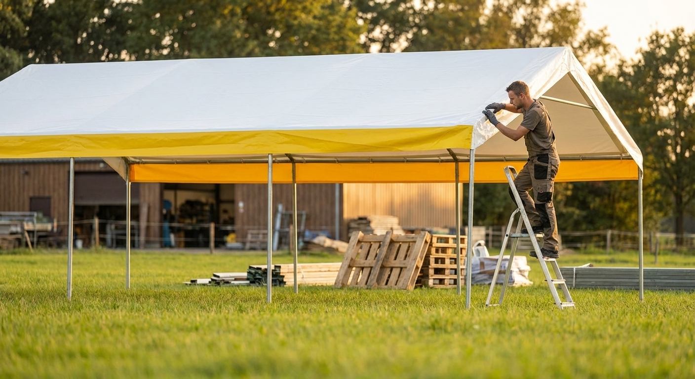 PVC roof cover in white and yellow for storage and work tents - view 3