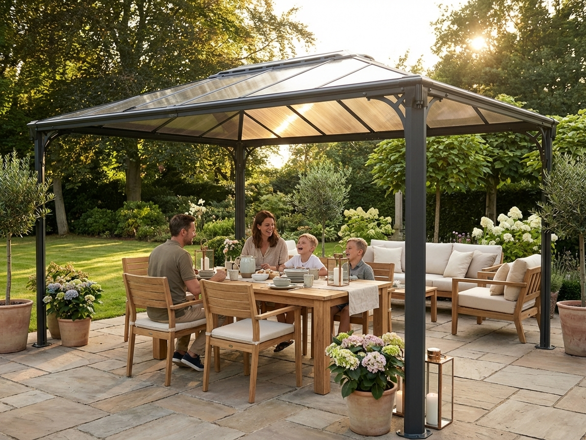 Anthracite gazebo with polycarbonate roof for outdoor use - product detail