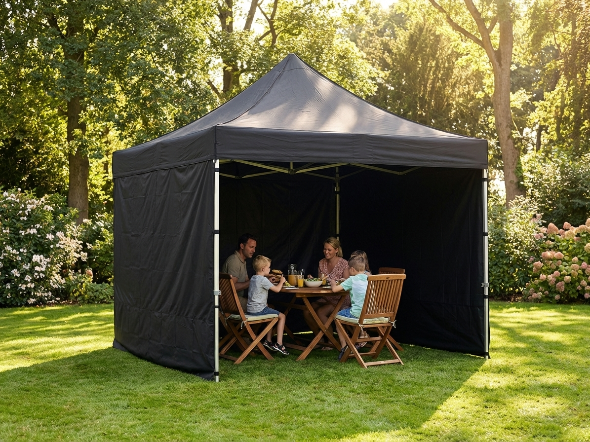 Black pop up gazebo with steel frame, 4x4 m size
