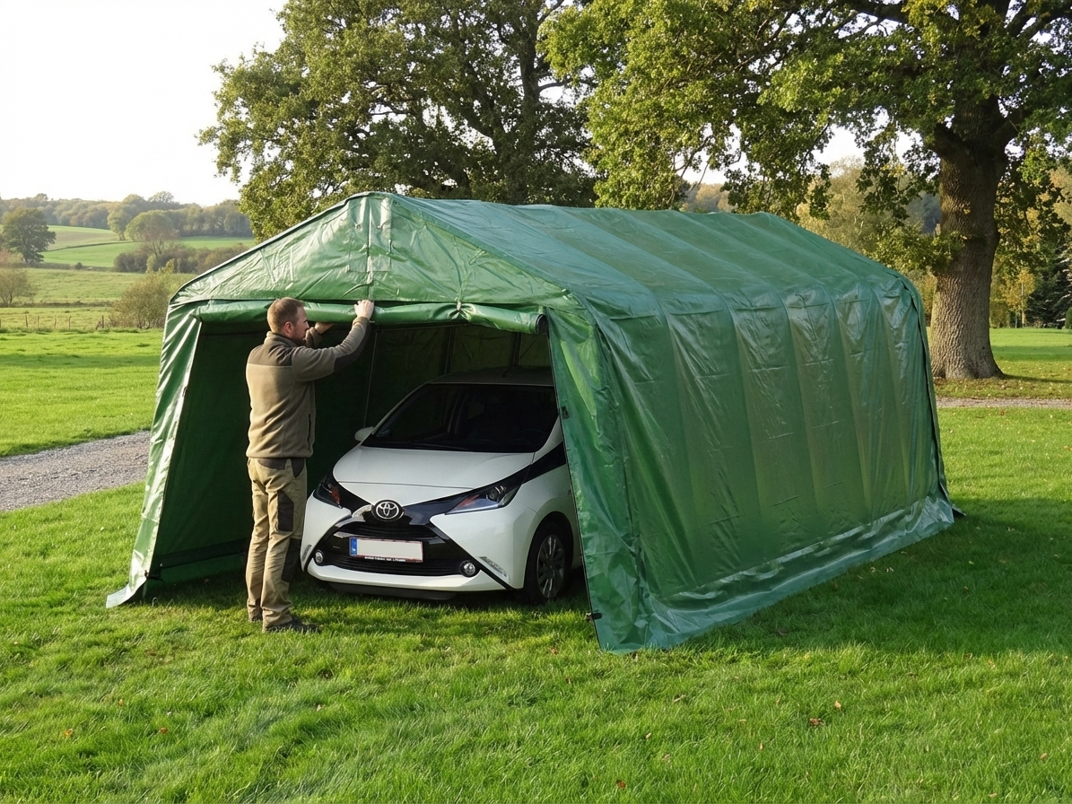Portable Garage PRO in green, made from PVC and steel for industrial use - product detail