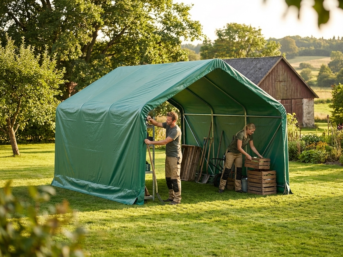 Green PVC roof cover for a 6x6m storage shelter - product detail