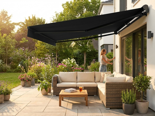 Outdoor awning in black with aluminium frame, 3.95x2.5 m
