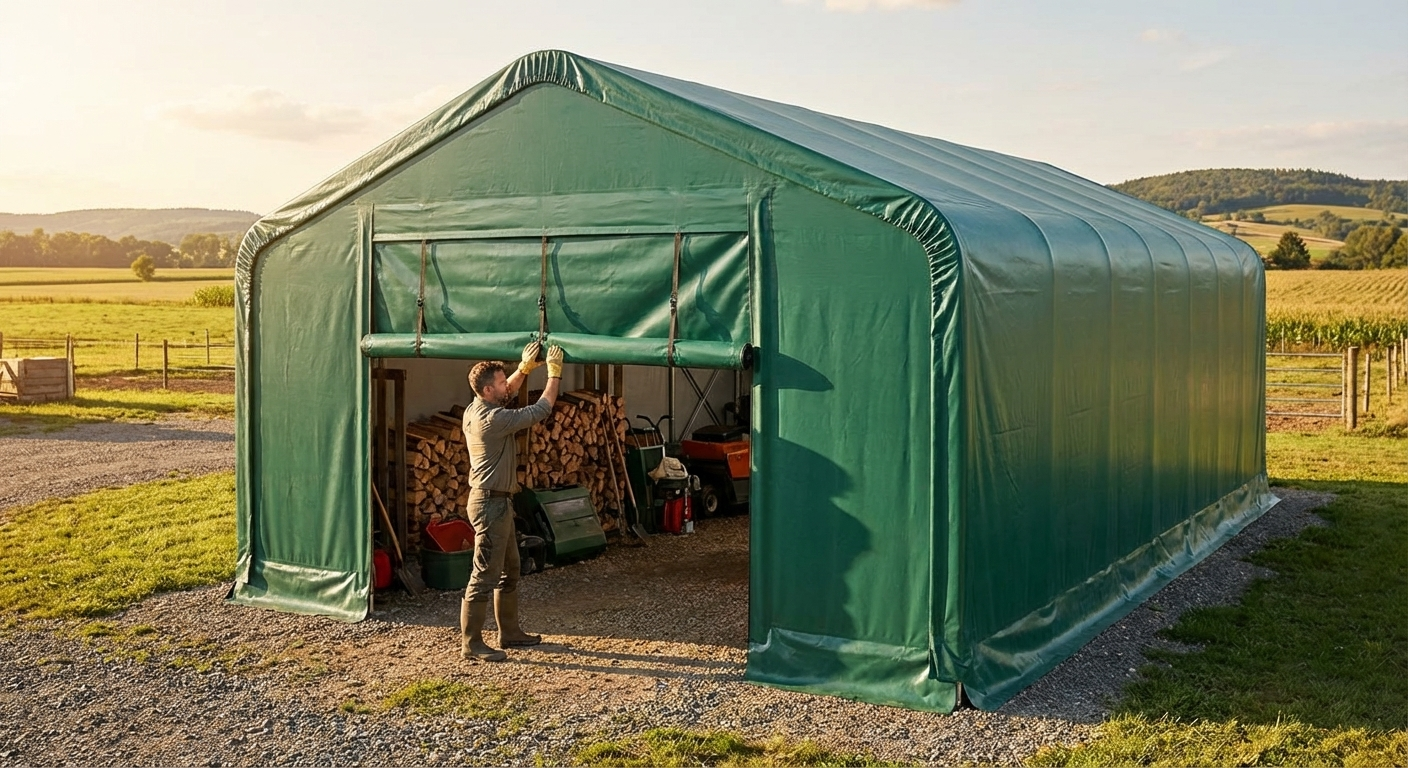 Green PVC storage shelter end wall for 4x10m and 4x12m - view 3