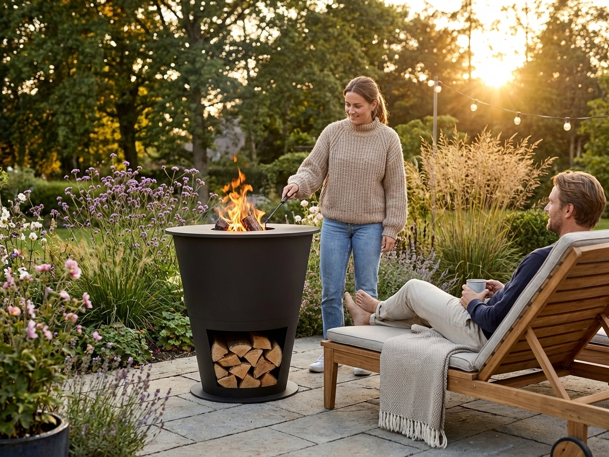 Black carbon steel fire bowl with wood storage for outdoor use - view 3
