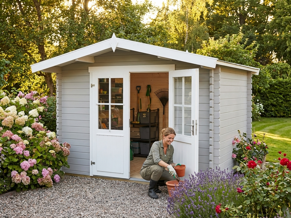 Wooden Shed in Light Grey made from Nordic Spruce for Garden Storage
