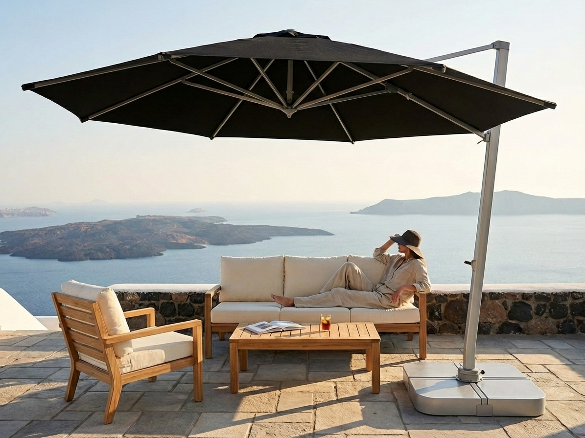 Black cantilever parasol with aluminium frame, ideal for outdoor use - product detail