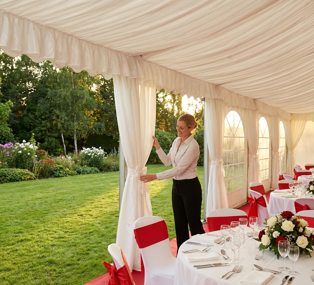 White marquee lining and leg curtain pack for a 5x12m space - product detail