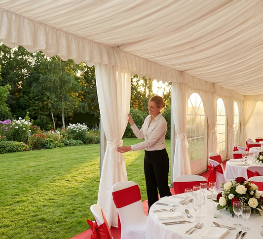 White marquee lining and leg curtain pack for a 5x12m space - product detail